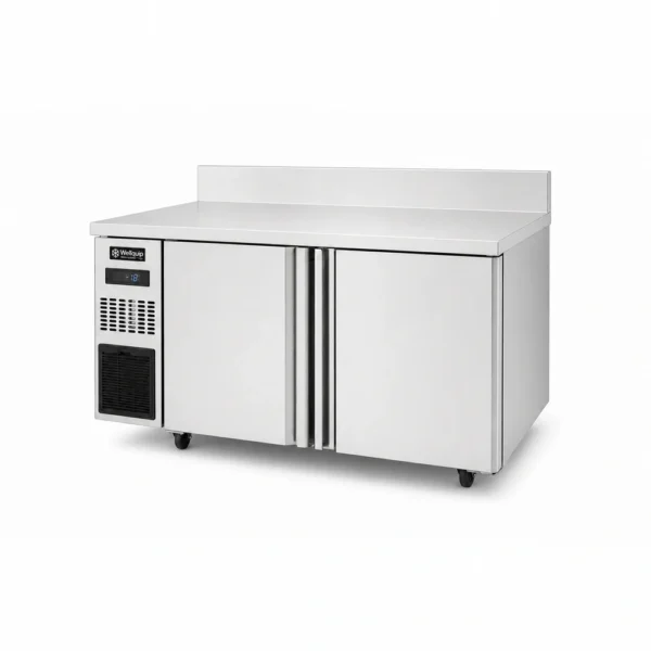 Two door stainless steel prep bench freezer with splashback