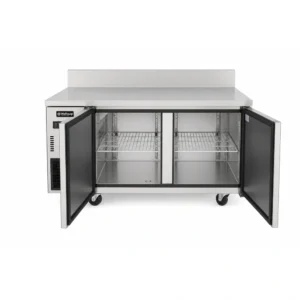 Bench freezer with self-closing doors and auto defrost