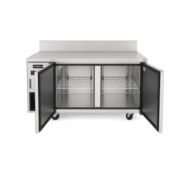 Bench freezer with self-closing doors and auto defrost