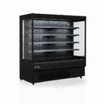 Open display fridge and multideck fridge with air curtain cooling, LED lighting, adjustable shelves and retractable night curtain.