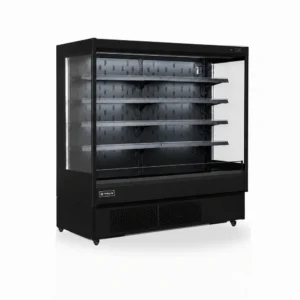 Open display fridge and multideck fridge with air curtain cooling, LED lighting, adjustable shelves and retractable night curtain.
