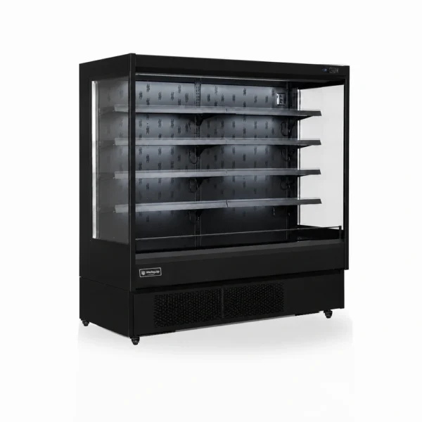 Open display fridge and multideck fridge with air curtain cooling, LED lighting, adjustable shelves and retractable night curtain.