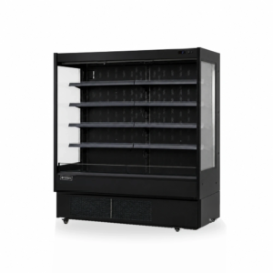 Open display fridge and multideck fridge with air curtain cooling, LED lighting, adjustable shelves and retractable night curtain.