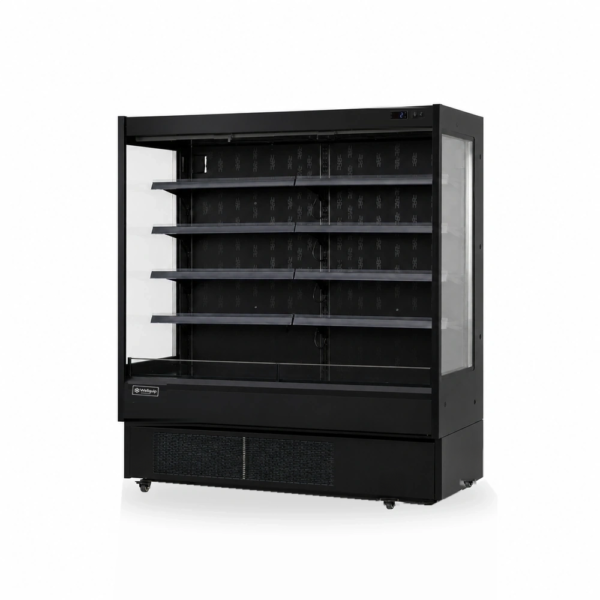 Open display fridge and multideck fridge with air curtain cooling, LED lighting, adjustable shelves and retractable night curtain.