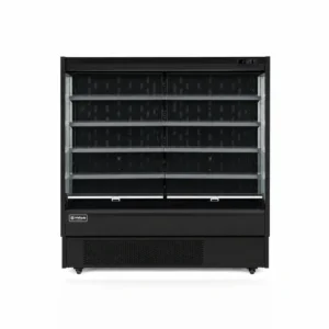 Open display fridge and multideck fridge with air curtain cooling, LED lighting, adjustable shelves and retractable night curtain.