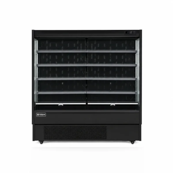 Open display fridge and multideck fridge with air curtain cooling, LED lighting, adjustable shelves and retractable night curtain.