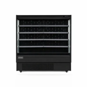Open display fridge and multideck fridge with air curtain cooling, LED lighting, adjustable shelves and retractable night curtain.