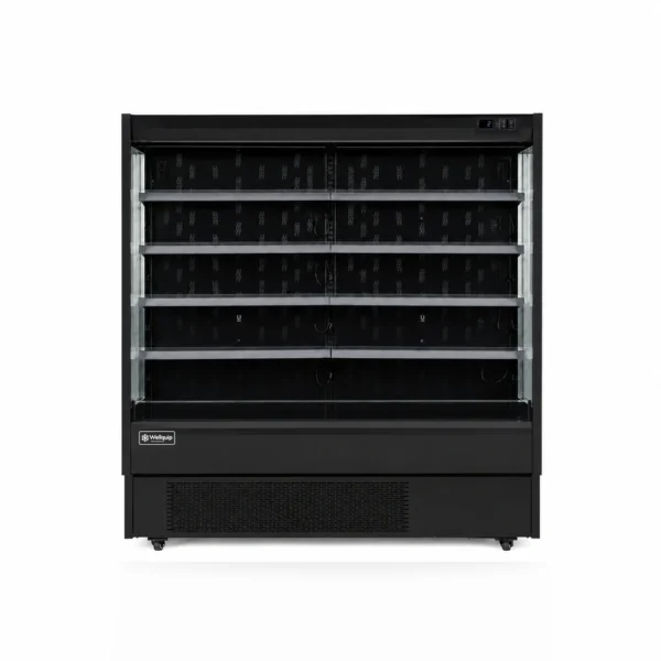 Open display fridge and multideck fridge with air curtain cooling, LED lighting, adjustable shelves and retractable night curtain.