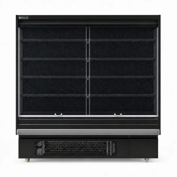 Commercial open display fridge with night curtains