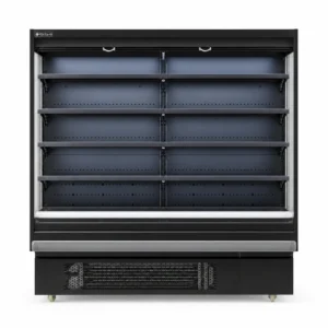 Open display fridge with air curtain cooling and misting spray
