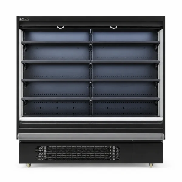 Open display fridge with air curtain cooling and misting spray