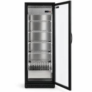 Upright display fridge for bottled and canned drinks