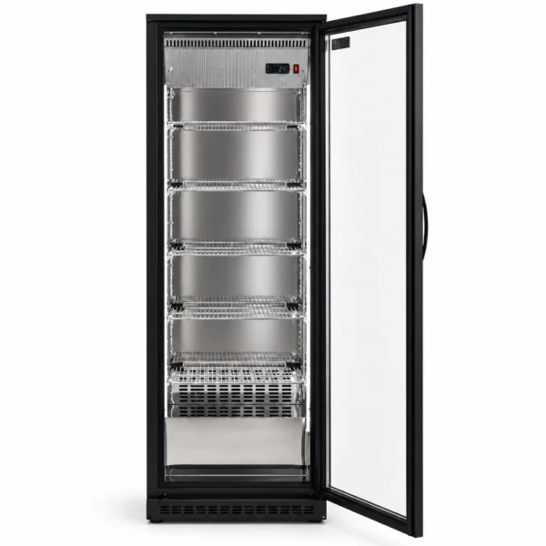 Upright display fridge for bottled and canned drinks