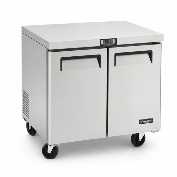 USC24_Front-left with doors closed Commercial bench freezer with ergonomic stainless steel worktop