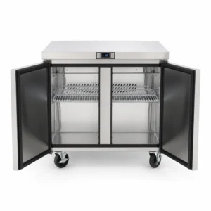 Counter freezer with self-closing doors, auto door sensor and auto defrost