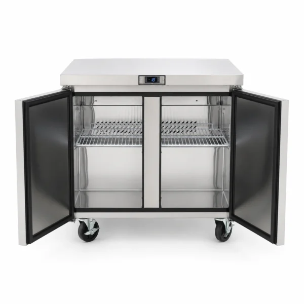 Counter freezer with self-closing doors, auto door sensor and auto defrost