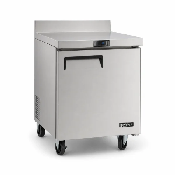 USCB18_Front-left with doors closed Commercial bench freezer with ergonomic stainless steel worktop and splashback