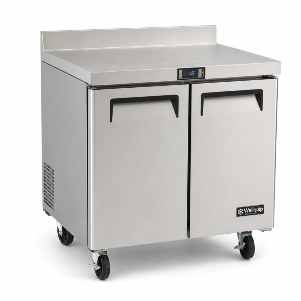 USCB24_Front-left with doors closed Two door stainless steel counter freezer with splashback