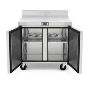 Counter freezer with splashback, self-closing doors, auto door sensors and auto defrost