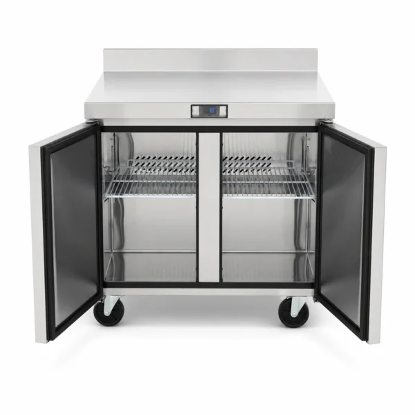 Counter freezer with splashback, self-closing doors, auto door sensors and auto defrost