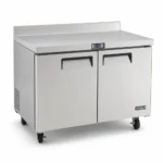 Commercial bench freezer with ergonomic stainless steel worktop and splashback