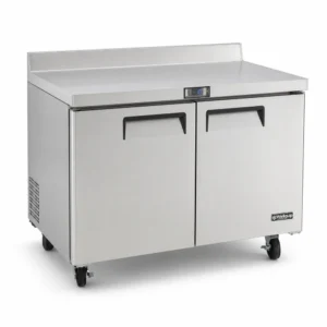 Commercial bench freezer with ergonomic stainless steel worktop and splashback