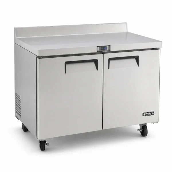 USCB34_Front-left with doors closed Commercial bench freezer with ergonomic stainless steel worktop and splashback