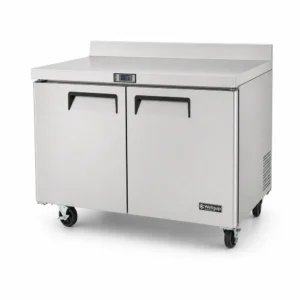 Two door stainless steel counter freezer with splashback
