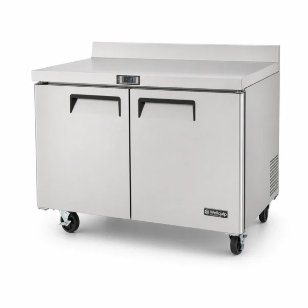 Two door stainless steel counter freezer with splashback