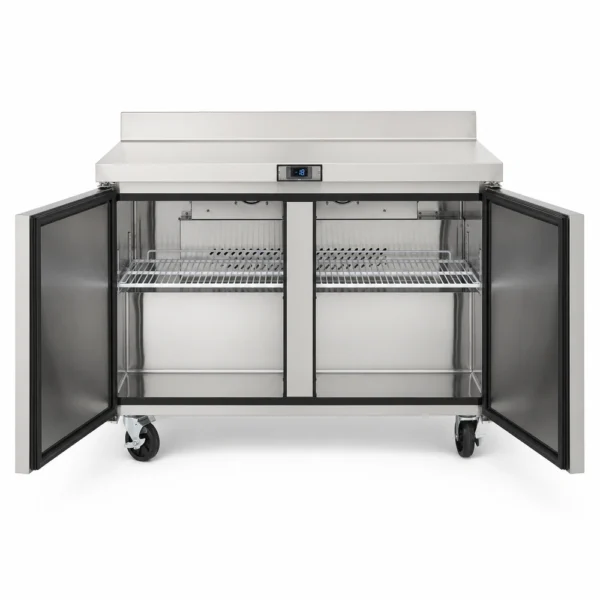Counter freezer with splashback, self-closing doors, auto door sensors and auto defrost