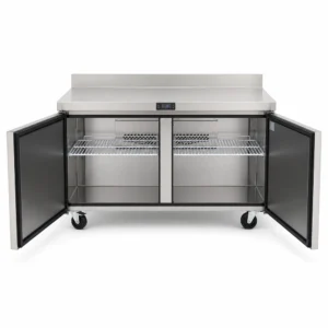 Counter freezer with splashback, self-closing doors, auto door sensors and auto defrost