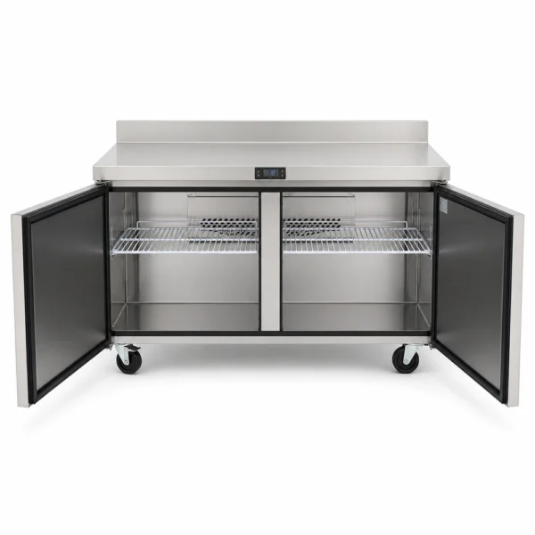 Counter freezer with splashback, self-closing doors, auto door sensors and auto defrost