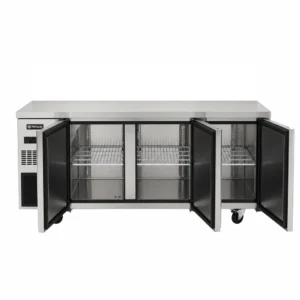 3 door solid stainless steel door under bench fridge with front ventilated fan forced cooling and auto defrost