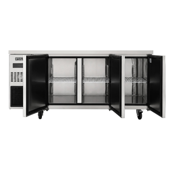 3 door solid stainless steel door under bench fridge with front ventilated fan forced cooling and auto defrost