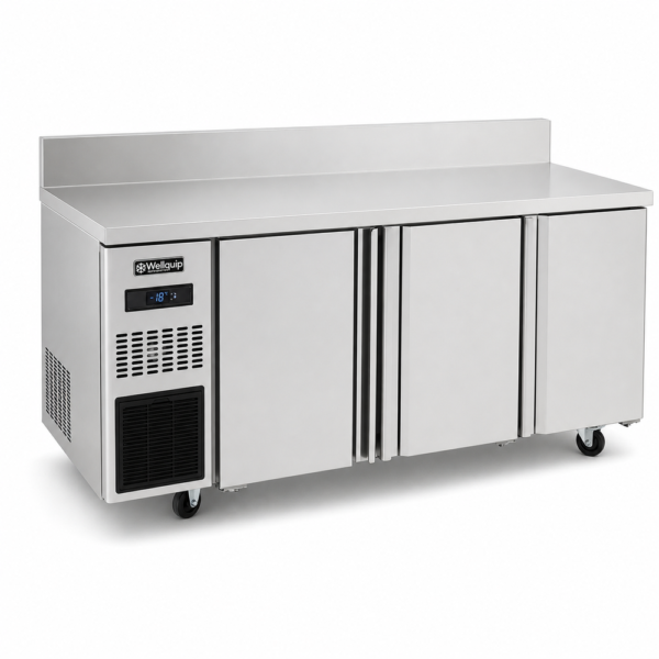 Stainless steel bench freezer with splashback for prep lines