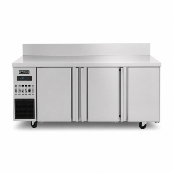 Three door stainless steel prep bench freezer with splashback