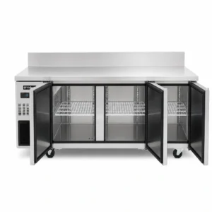 Bench freezer with self-closing doors and auto defrost