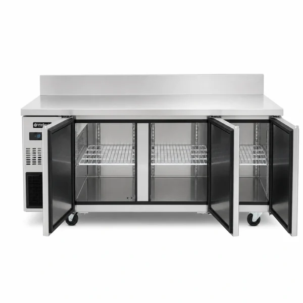 Bench freezer with self-closing doors and auto defrost