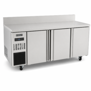 Three door stainless steel prep bench freezer with splashback