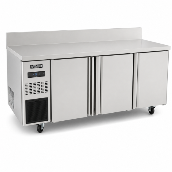 Three door stainless steel prep bench freezer with splashback