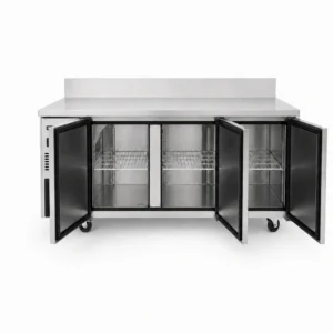 Bench freezer with self-closing doors and auto defrost