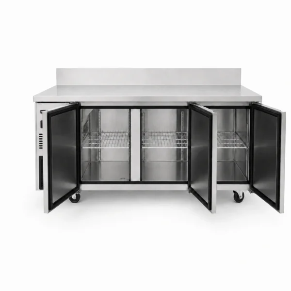 Bench freezer with self-closing doors and auto defrost
