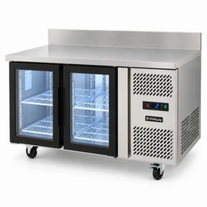 Two door commercial bench fridge with splashback and LED lighting