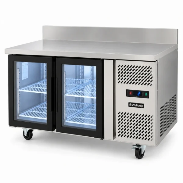 Two door commercial bench fridge with splashback and LED lighting