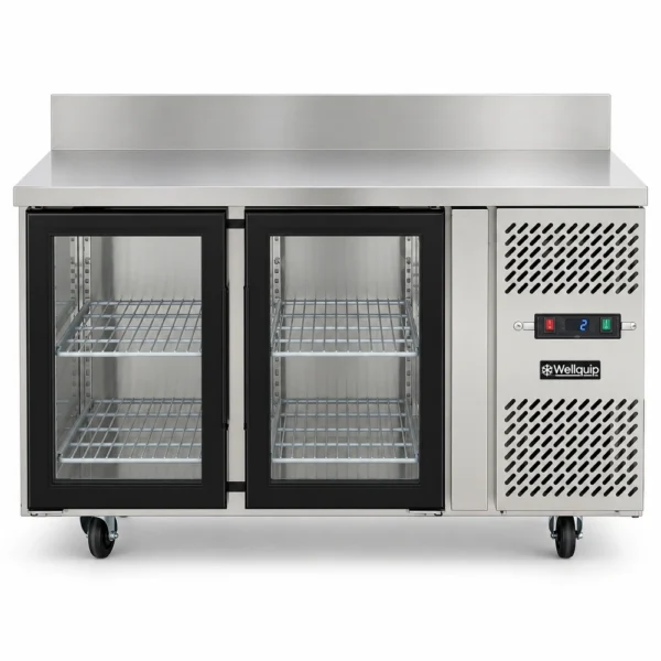 WGAB28K_Front with doors closed Stainless steel bench fridge with integrated splashback