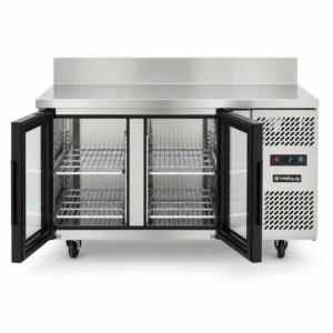 Stainless steel bench fridge with integrated splashback