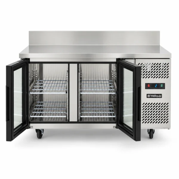 Stainless steel bench fridge with integrated splashback